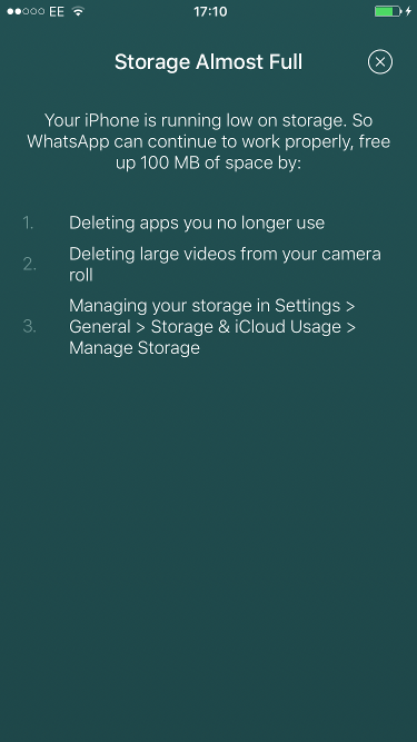 WhatsApp requires 100MB of storage space